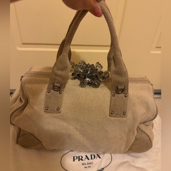 Authentic Vintage PRADA Natural Canvas Crystal Mistolino Frame Bag - Picture 8 of 14